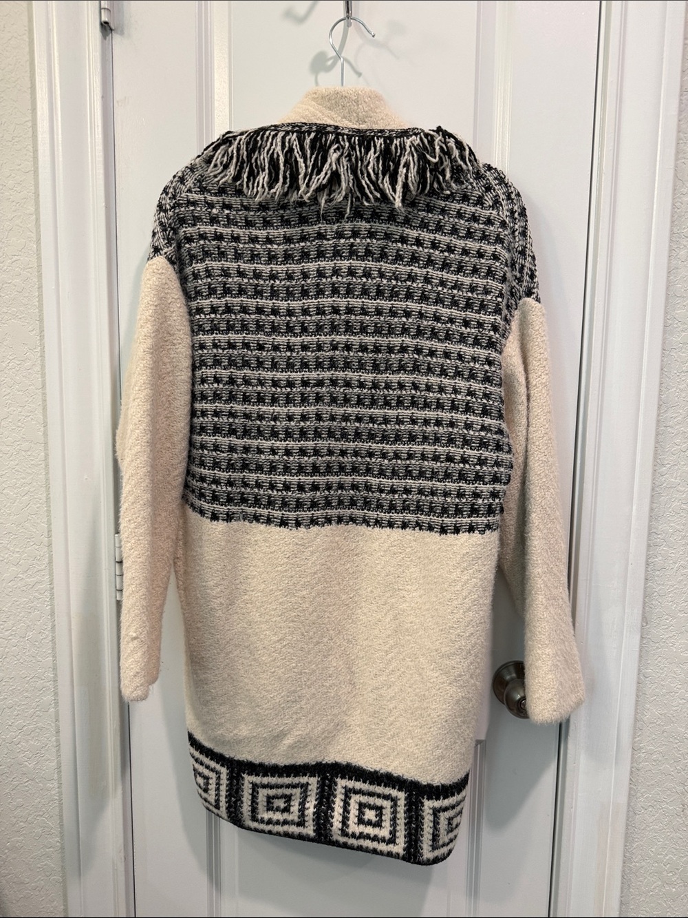 Beige & Black Fringe Knit Cardigan Sweater - Picture 13 of 13